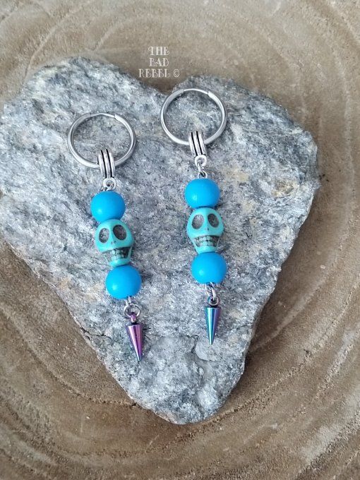 Original Boucle d'oreilles Creole !! SKULL POINT !! Pearls Howlite Bleu et Argente Long T 7cm x 1.5