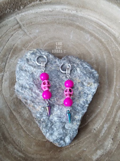 Original Boucle d'oreilles Creole !! SKULL POINT !! Pearls Howlite Rose et Argente Long T 7cm x 1.5 