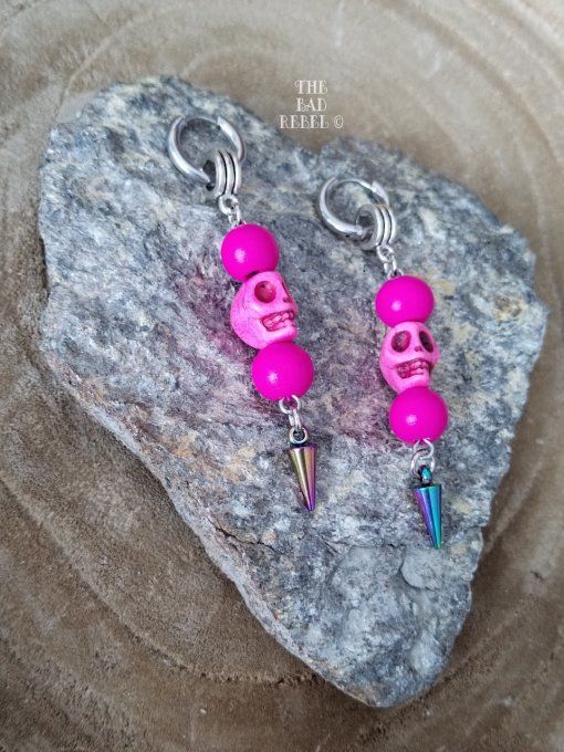 Original Boucle d'oreilles Creole !! SKULL POINT !! Pearls Howlite Rose et Argente Long T 7cm x 1.5 