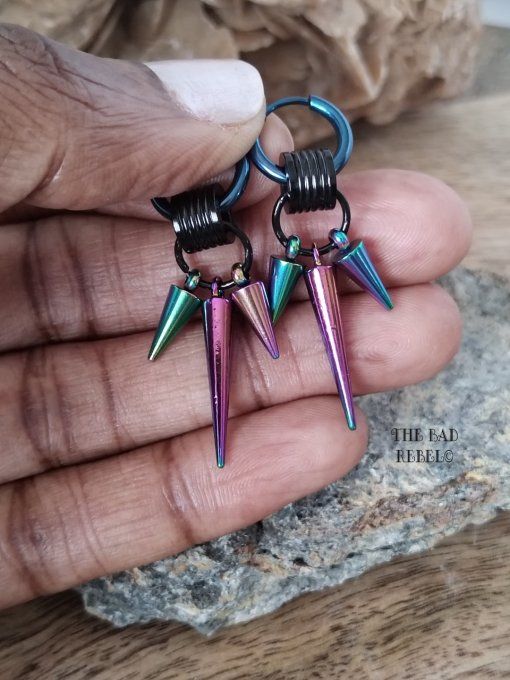 Original Créoles Boucles Unisex !! INDUSTRIAL SPIKE !! Noir Bleu multi en Acier Inoxydable T.1.3cm 