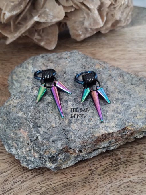 Original Créoles Boucles Unisex !! INDUSTRIAL SPIKE !! Noir Bleu multi en Acier Inoxydable T.1.3cm 