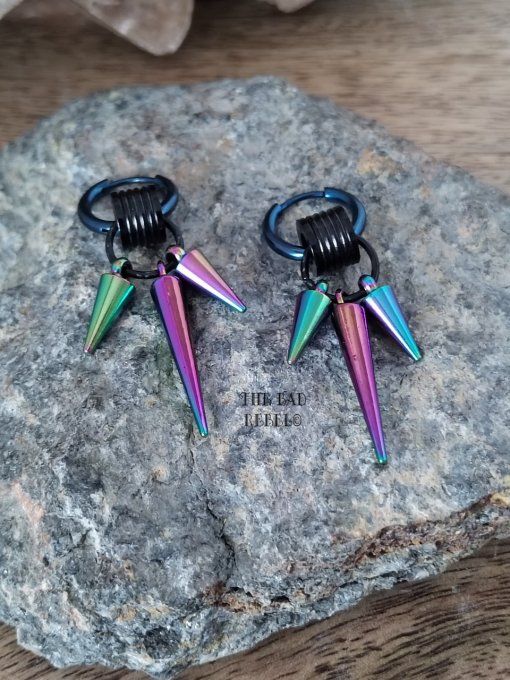 Original Créoles Boucles Unisex !! INDUSTRIAL SPIKE !! Noir Bleu multi en Acier Inoxydable T.1.3cm 