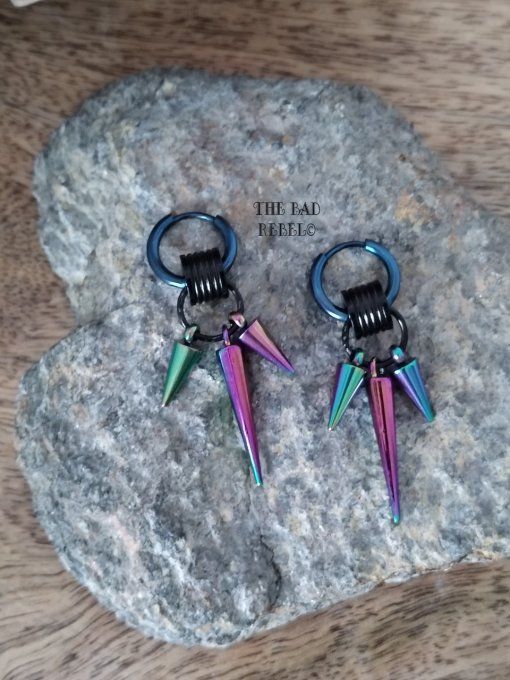 Original Créoles Boucles Unisex !! INDUSTRIAL SPIKE !! Noir Bleu multi en Acier Inoxydable T.1.3cm 