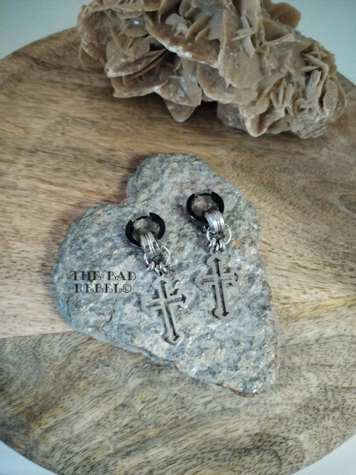 Original Créoles Acier Inoxydable noir argente !!SILVER CROSS !! pendentifs en acier inoxydable 