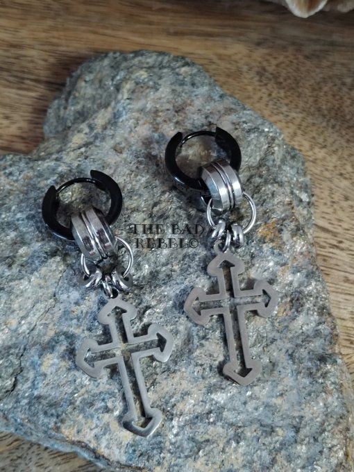 Original Créoles Acier Inoxydable noir argente !!SILVER CROSS !! pendentifs en acier inoxydable 