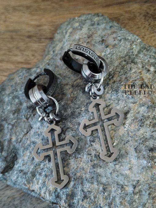 Original Créoles Acier Inoxydable noir argente !!SILVER CROSS !! pendentifs en acier inoxydable 