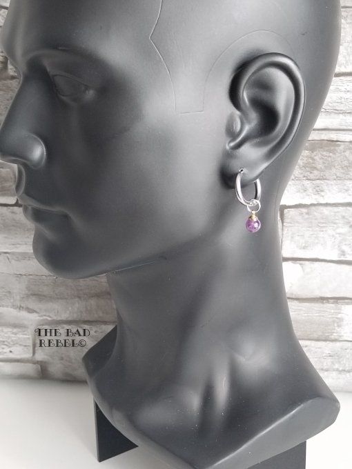 Original Boucles creoles Homme !! AMETHYSTE !! Creole en acier inoxydable argente perles Améthyste