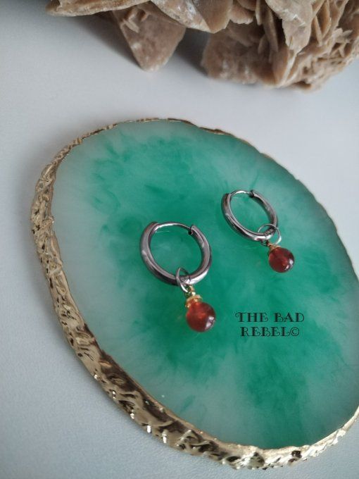 Original Boucles creoles Homme !! AGATE ROUGE !!Creole en acier inoxydable argente perles Agate 