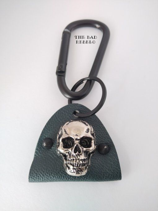 Original Porte-Cles Homme !! SKULLY SPIKE !! Tete de mort noir cuir Vert fonce spikes en gun metal 