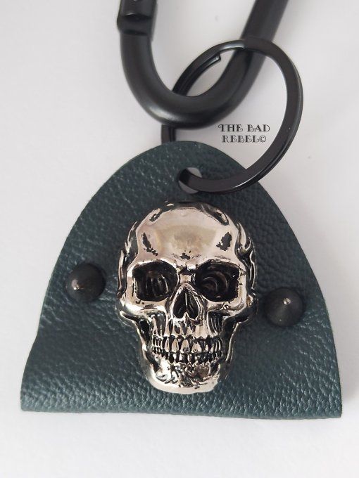 Original Porte-Cles Homme !! SKULLY SPIKE !! Tete de mort noir cuir Vert fonce spikes en gun metal 