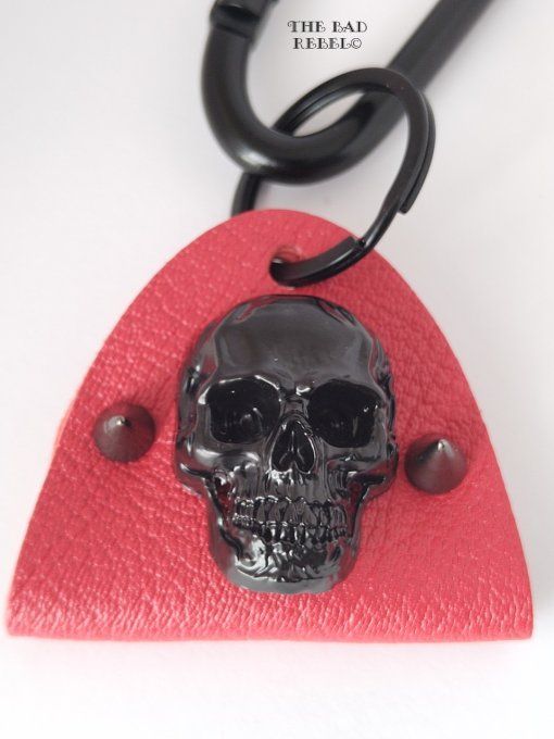 Original Porte-Cles Homme !! SKULLY SPIKE !! Tete de mort noir cuir rouge spikes en gun metal  