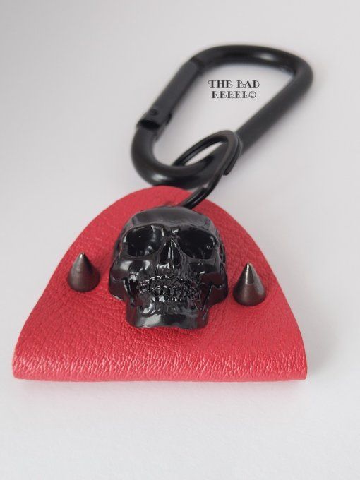 Original Porte-Cles Homme !! SKULLY SPIKE !! Tete de mort noir cuir rouge spikes en gun metal  