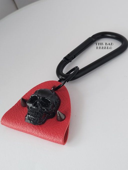 Original Porte-Cles Homme !! SKULLY SPIKE !! Tete de mort noir cuir rouge spikes en gun metal  