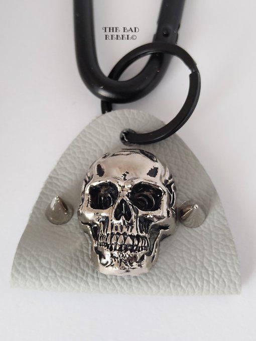 Original Porte-Cles Homme !! SKULLY SPIKE !! Tete de mort noir cuir gris spikes en gun metal   - Co