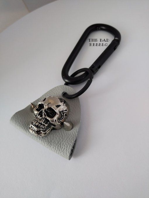 Original Porte-Cles Homme !! SKULLY SPIKE !! Tete de mort noir cuir gris spikes en gun metal   - Co