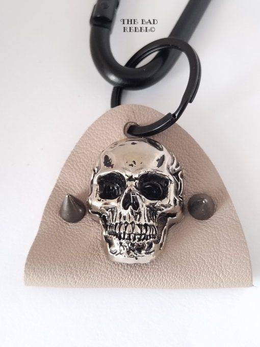 Original Porte-Cles Homme !! SKULLY SPIKE !! Tete de mort noir cuir beige spikes en gun metal T.14cm