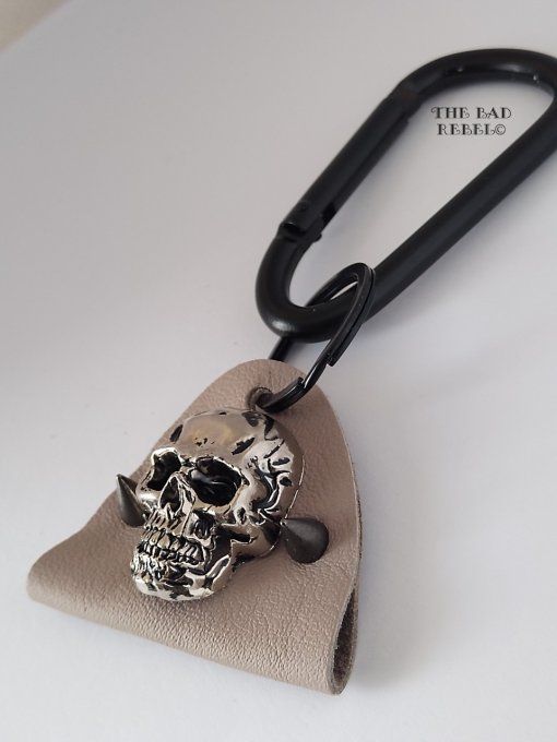 Original Porte-Cles Homme !! SKULLY SPIKE !! Tete de mort noir cuir beige spikes en gun metal T.14cm